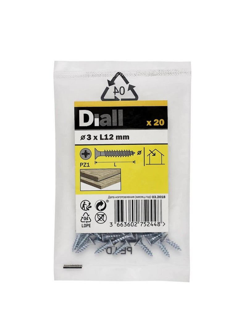 ACE Diall Zinc-Plated Carbon Steel Wood Screw Pack 3 x 12mm 20Pcs