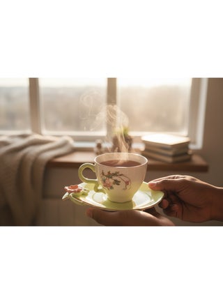 Angela Floral Rose 160ml Tea Cup & Saucer | Green Porcelain with Gold Rim