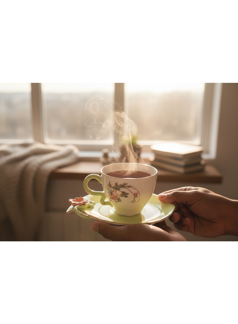 AKDC Angela Floral Rose 160ml Tea Cup & Saucer | Green Porcelain with Gold Rim - Image 1