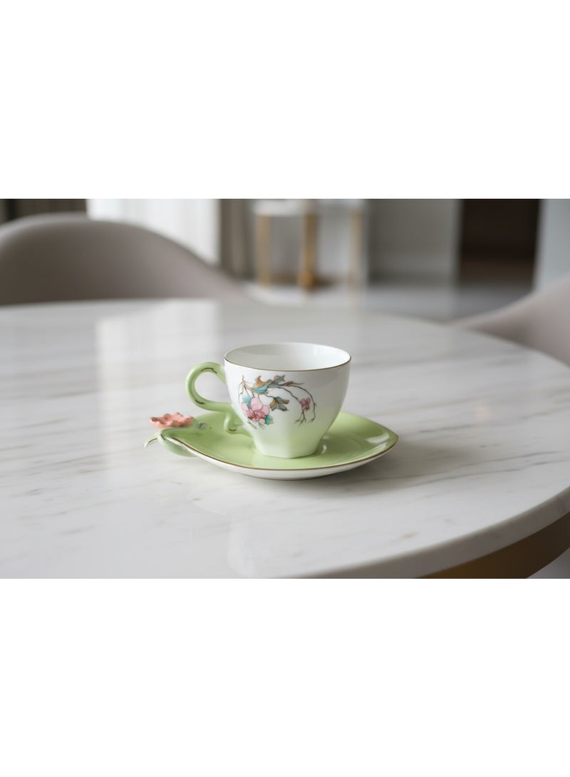 AKDC Angela Floral Rose 160ml Tea Cup & Saucer | Green Porcelain with Gold Rim - Image 5