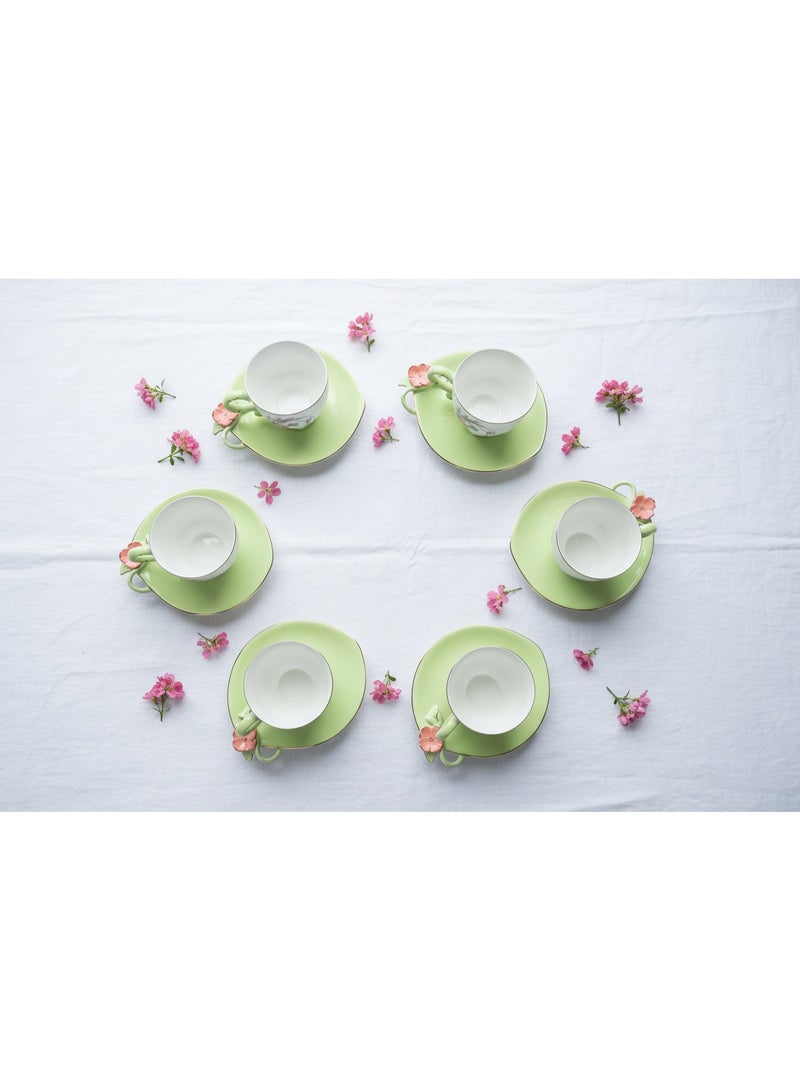 AKDC Angela Floral Rose 160ml Tea Cup & Saucer | Green Porcelain with Gold Rim - Image 3
