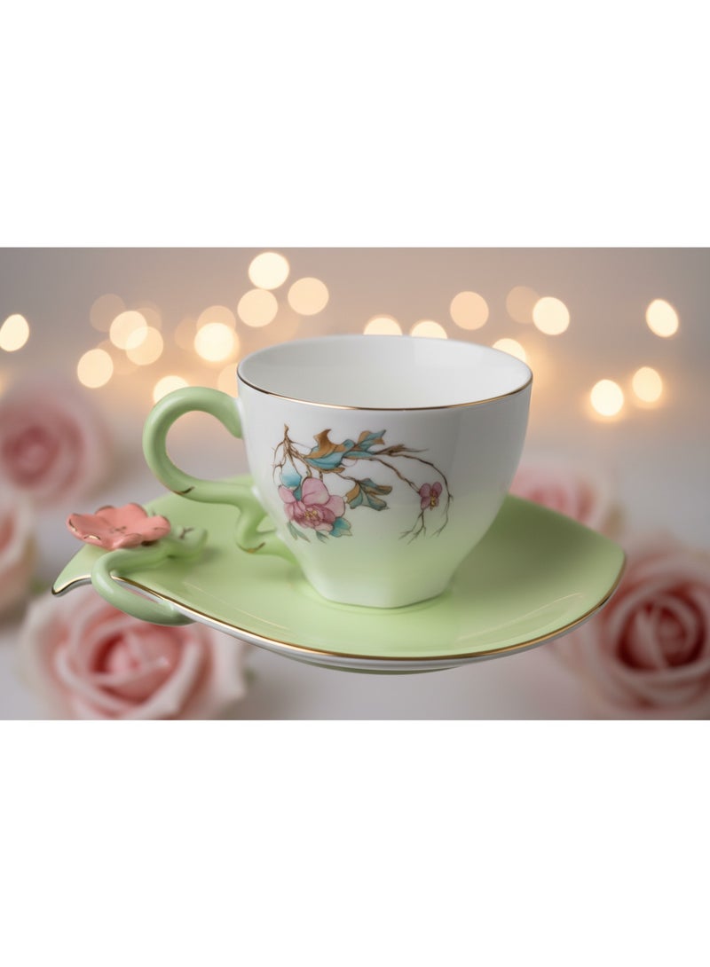 AKDC Angela Floral Rose 160ml Tea Cup & Saucer | Green Porcelain with Gold Rim - Image 2