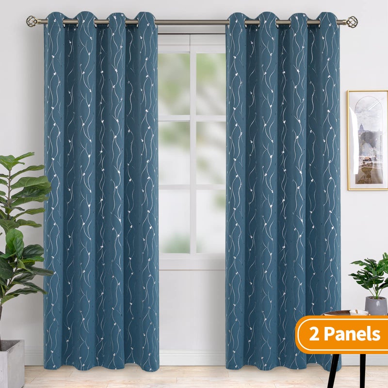BGment Room Darkening Curtains 84 Inches Long, Grommet Thermal Insulated Blackout Curtains with Wave Line and Dots Printed for Bedroom, 2 Panels, Each 52 x 84 Inch, Steel Blue - Image 2