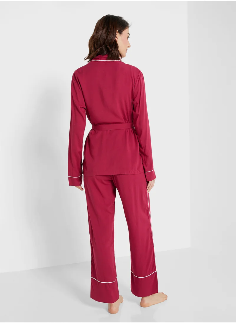جينجر Contrast Trim Detail Robe & Pyjama Set