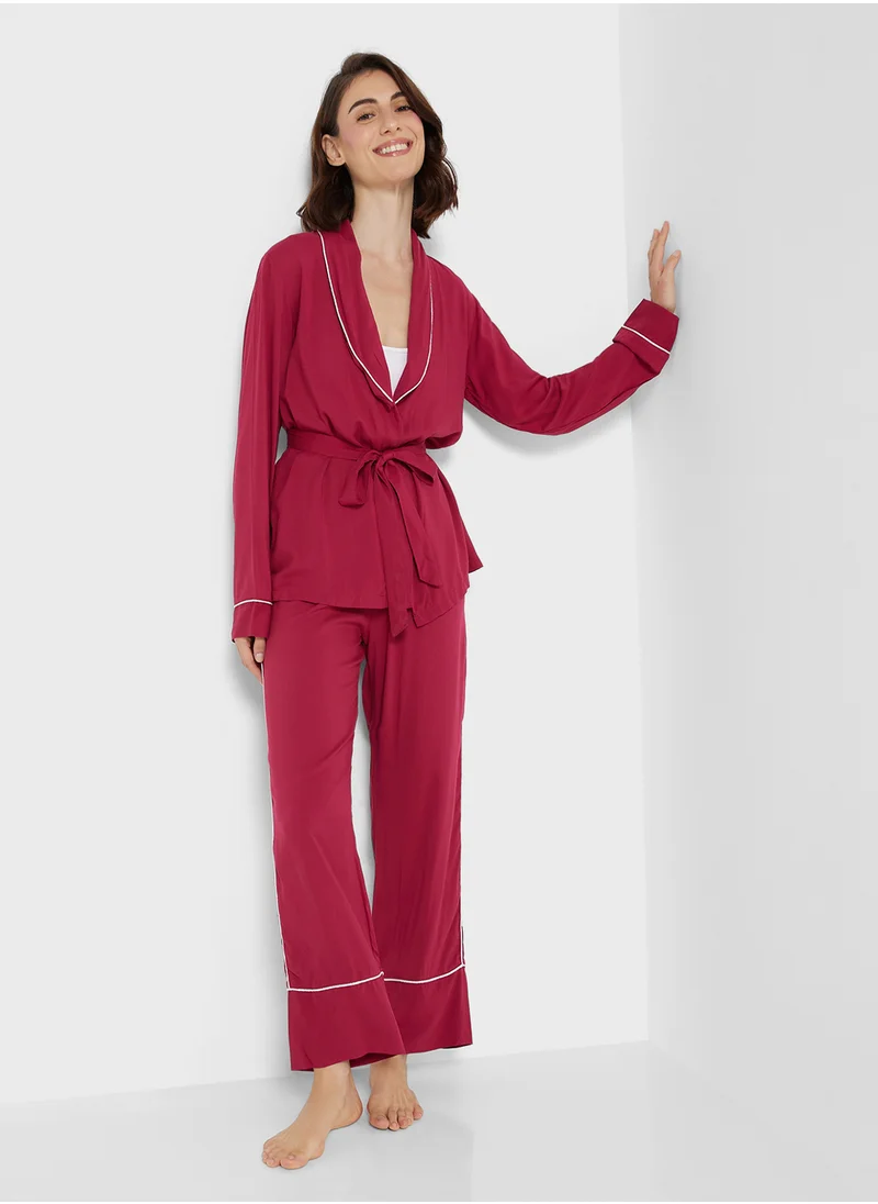 جينجر Contrast Trim Detail Robe & Pyjama Set