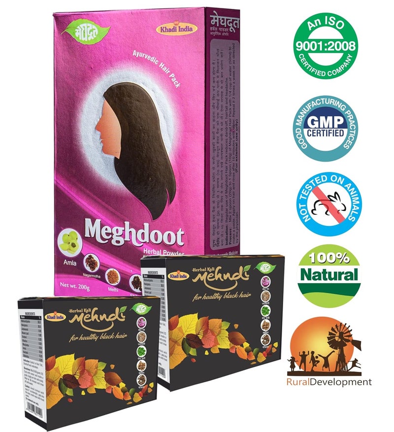 Meghdoot Combo Pack of Herbal Kali Mehandi for Natural Black Hair Hair Wash Powder with 100 Natural Ingredients Maintains Hair Color 2 x 60g Herbal Kali Mehandi 1 x 200g Herbal Hair Wash Powder - Image 2