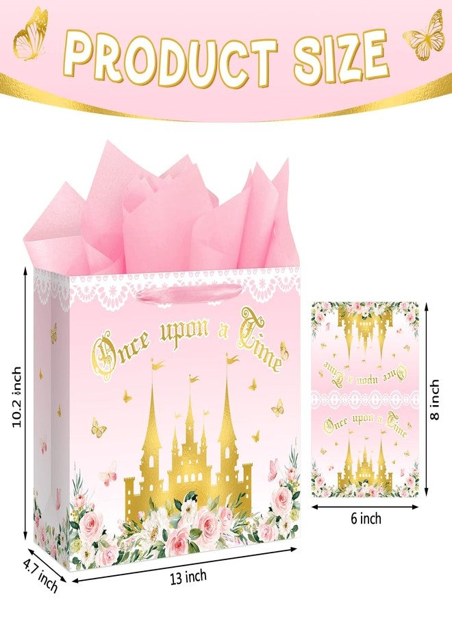 Reyoust 13" Large Pink Princess Themed Gift Bag with Card and Tissue Paper Floral Castle Present Bag for Girls Fairy Tale Baby Shower Birthday Party Decorations 1 Pcs 13" L x 10.2" H x 4.9" D - Image 2