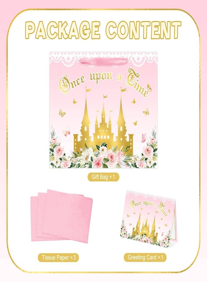 Reyoust 13" Large Pink Princess Themed Gift Bag with Card and Tissue Paper Floral Castle Present Bag for Girls Fairy Tale Baby Shower Birthday Party Decorations 1 Pcs 13" L x 10.2" H x 4.9" D - Image 3