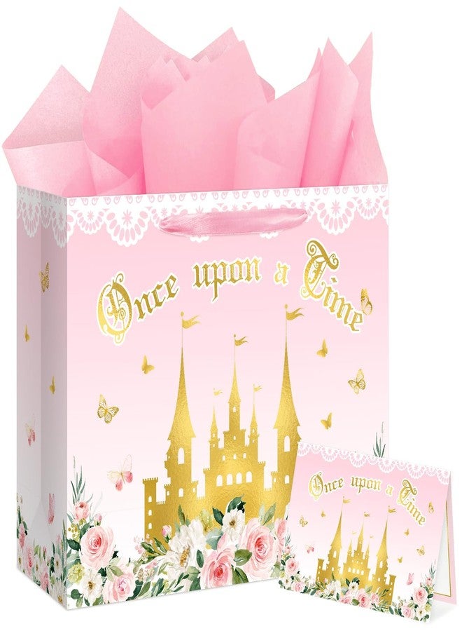 Reyoust 13" Large Pink Princess Themed Gift Bag with Card and Tissue Paper Floral Castle Present Bag for Girls Fairy Tale Baby Shower Birthday Party Decorations 1 Pcs 13" L x 10.2" H x 4.9" D - Image 1