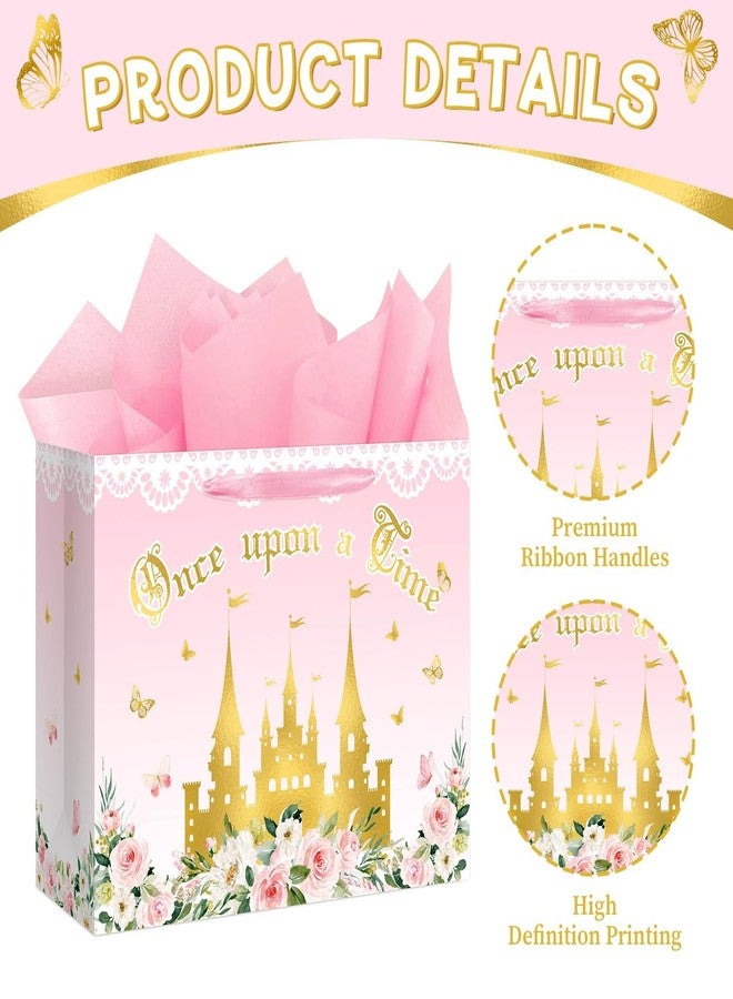 Reyoust 13" Large Pink Princess Themed Gift Bag with Card and Tissue Paper Floral Castle Present Bag for Girls Fairy Tale Baby Shower Birthday Party Decorations 1 Pcs 13" L x 10.2" H x 4.9" D - Image 4