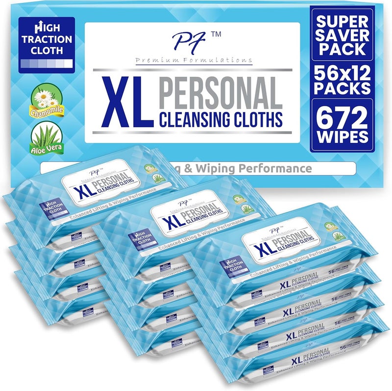 Premium Formulations مناديل استحمام للبالغين عالية الجر traction XL سميكة وكبيرة وقوية / مناديل للبالغين شراء بالجملة القيمة (12 عبوة × 56 منديل = 672 منديل / صندوق) - Image 1
