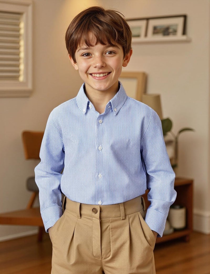 JOGAL Boys Long Sleeve Oxford Dress Shirts Casual Button Down Shirts Striped Tops for 6-14 Years RoyalBlue 6 - Image 2