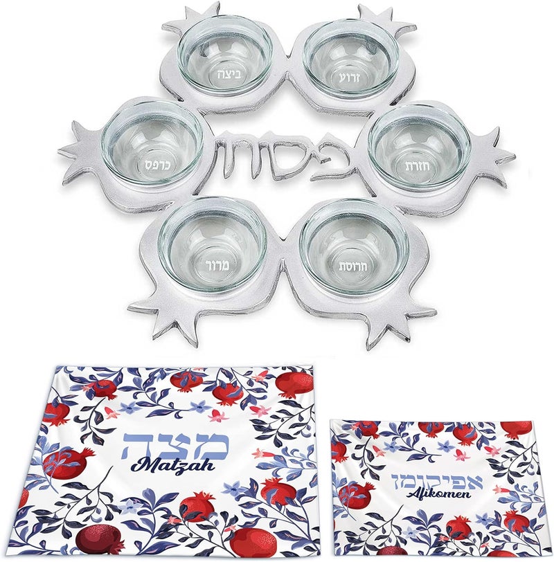 Zion Judaica Ltd Stunning Pomegranate Passover Seder Set  Artistic Pomegranate Shape Seder Plate and 6 Glass Dishes MultiColor 3 Pocket Silk Matzo Cover Matzah Afikoman Bag Pesach Seder Dinnerware By Zion Judaica - Image 1