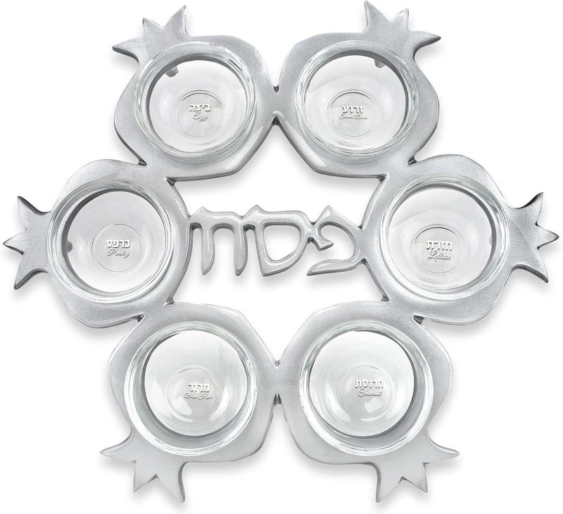 Zion Judaica Ltd Stunning Pomegranate Passover Seder Set  Artistic Pomegranate Shape Seder Plate and 6 Glass Dishes MultiColor 3 Pocket Silk Matzo Cover Matzah Afikoman Bag Pesach Seder Dinnerware By Zion Judaica - Image 2