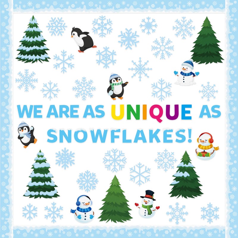 BkeeCten 116pcs Winter Season Snowflakes Bulletin Board Decoration Set with 10 Sheets Glue Dots, Cute Penguin Snowman Winter-Theme Cardstock for Christmas Classroom Office Bulletin Board Decor - Image 1