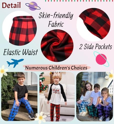 Ekouaer Pajama Pants for Boys Soft Pajama Pants Plaid Long Pj Pants Cute Elastic Waist Bottoms Kids Pj Pants Red Plaid 130 - Image 5