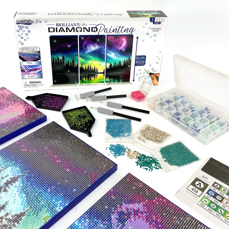 ArtSkills Diamond Painting Kit, Diamond Art Ready to Hang Framed Canvas with Storage and Accessory Kit, Northern Lights, 3 Stretched Canvas Panels, 14â€ x 7â€ Each - Image 1