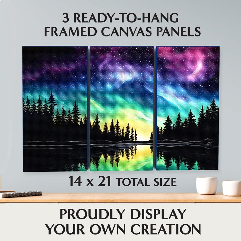 ArtSkills Diamond Painting Kit, Diamond Art Ready to Hang Framed Canvas with Storage and Accessory Kit, Northern Lights, 3 Stretched Canvas Panels, 14â€ x 7â€ Each - Image 3