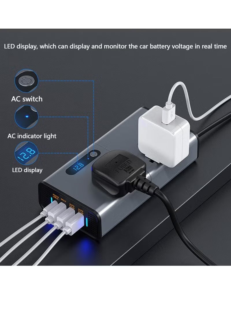 Generic 200W Car Power Inverter DC 12V To 110V AC Converter With PD 30W USB-C QC3.0 Dual USB Ports Dual AC Outlets For Laptop Car Plug Adapter Car Power Inverter Car Charger Fast Charger LED Display  - Image 3