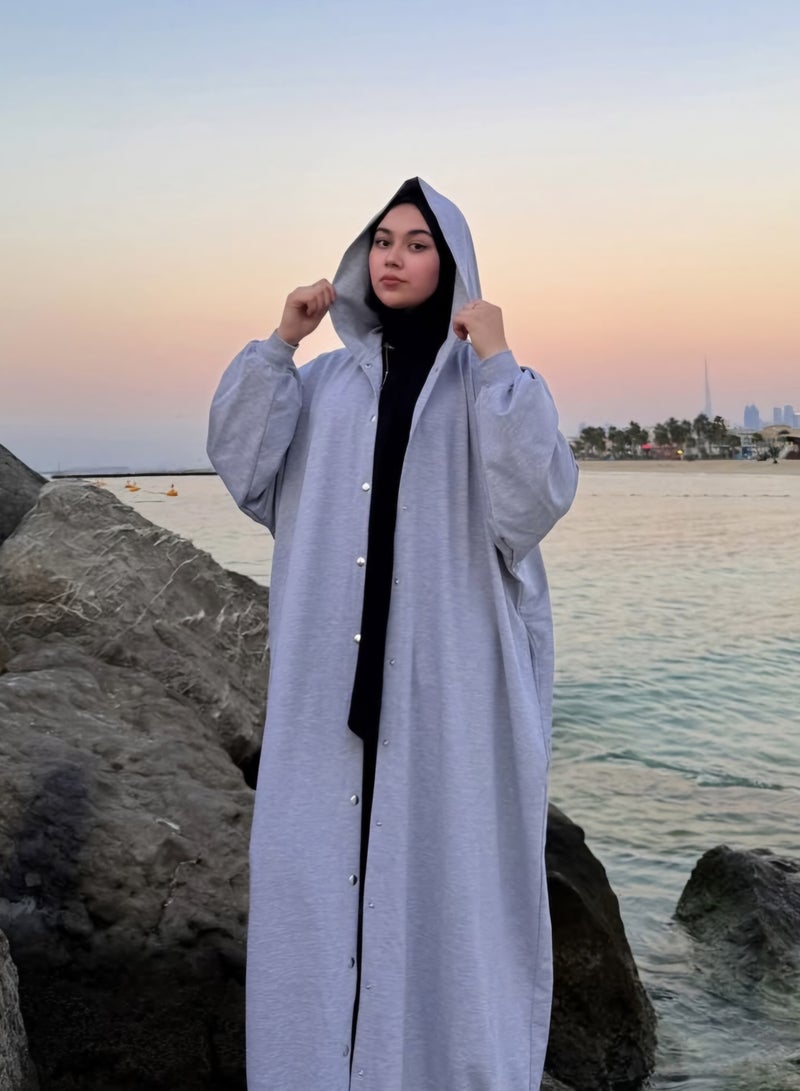DIMAR BY DIYORA Women's Hoodie Abaya Long Sleeve Buttoned Front Casual Loose-Fit Oversize Maxi Dress Soft Fabric Elegant Comfortable - Grey - Image 1