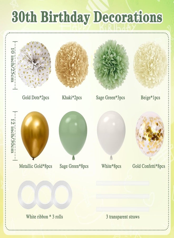 RTHPY 30th Birthday Decorations for Her Him,Happy 30th Birthday Banner with Number 30 Foil Balloon White Gold Sage Green Birthday Balloons Paper Pom Poms for Women Men 30 Year Old Birthday Party Decor - Image 2