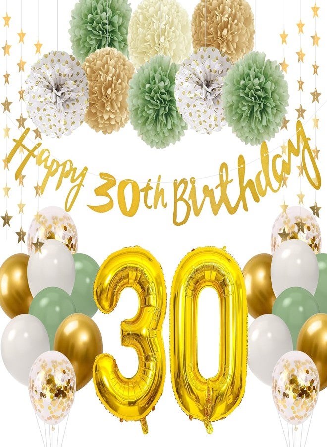 RTHPY 30th Birthday Decorations for Her Him,Happy 30th Birthday Banner with Number 30 Foil Balloon White Gold Sage Green Birthday Balloons Paper Pom Poms for Women Men 30 Year Old Birthday Party Decor - Image 1