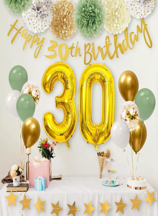 RTHPY 30th Birthday Decorations for Her Him,Happy 30th Birthday Banner with Number 30 Foil Balloon White Gold Sage Green Birthday Balloons Paper Pom Poms for Women Men 30 Year Old Birthday Party Decor - Image 4
