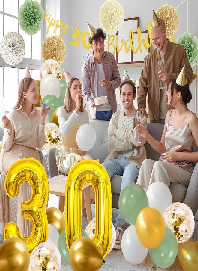 RTHPY 30th Birthday Decorations for Her Him,Happy 30th Birthday Banner with Number 30 Foil Balloon White Gold Sage Green Birthday Balloons Paper Pom Poms for Women Men 30 Year Old Birthday Party Decor - Image 5