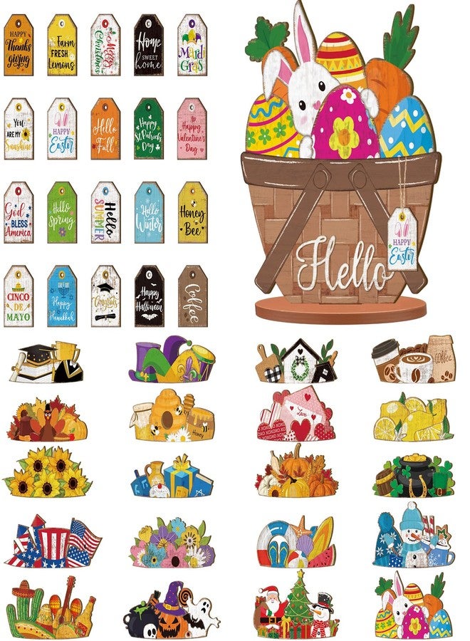 Anglechic 42 Pcs Interchangeable Flower Basket Sign Seasonal Holiday Tiered Tray Decor Set Farmhouse Rustic Wood DIY Home Table Centerpiece with Replaceable Magnet Pieces for July 4th Summer Gifts - Image 1