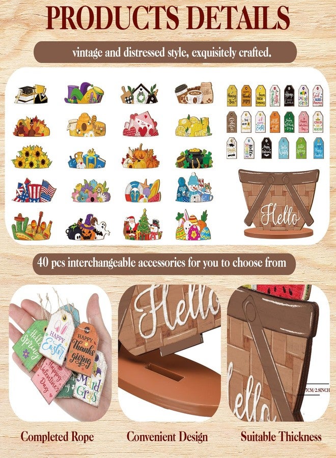 Anglechic 42 Pcs Interchangeable Flower Basket Sign Seasonal Holiday Tiered Tray Decor Set Farmhouse Rustic Wood DIY Home Table Centerpiece with Replaceable Magnet Pieces for July 4th Summer Gifts - Image 3