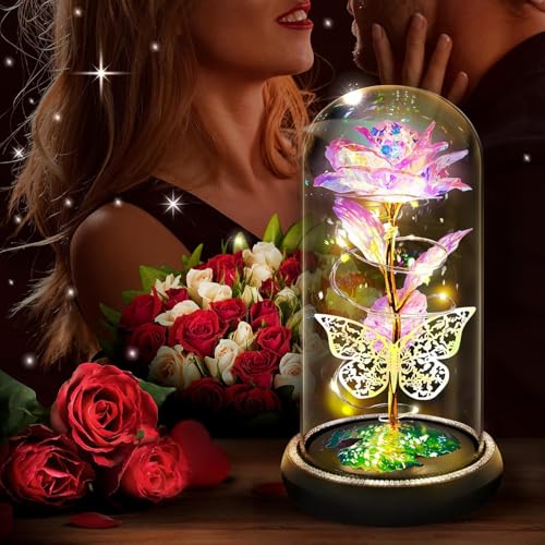 JUGTE Galaxy Rose Flower With Butterfly LED Lights Everlasting Crystal Rose Flowers Gift Diwali Gift For Wife/Girlfriend/Sister Birthday (Pink Butterfly), 10X8X8 Cm - Image 2