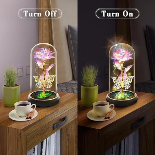 JUGTE Galaxy Rose Flower With Butterfly LED Lights Everlasting Crystal Rose Flowers Gift Diwali Gift For Wife/Girlfriend/Sister Birthday (Pink Butterfly), 10X8X8 Cm - Image 4