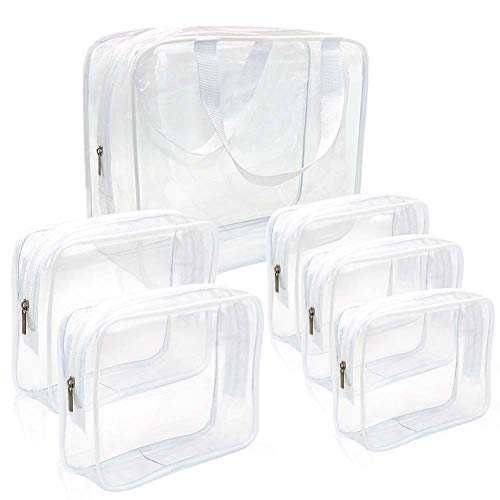 APREUTY Clear Makeup Bags, TSA Approved 6Pcs Cosmetic Makeup Bags Set Clear PVC with Zipper Handle Portable Travel Luggage Pouch Airport Airline Organization (White) - Image 1