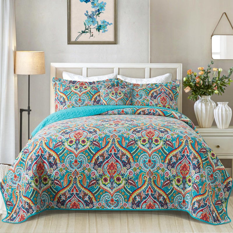 VAPUTAR Quilt King Bedding Set  Soft Cotton Quilts with Paisley Floral Pattern  Lightweight Reversible Bedspreads for Farmhouse 3 Pieces Bright Teal