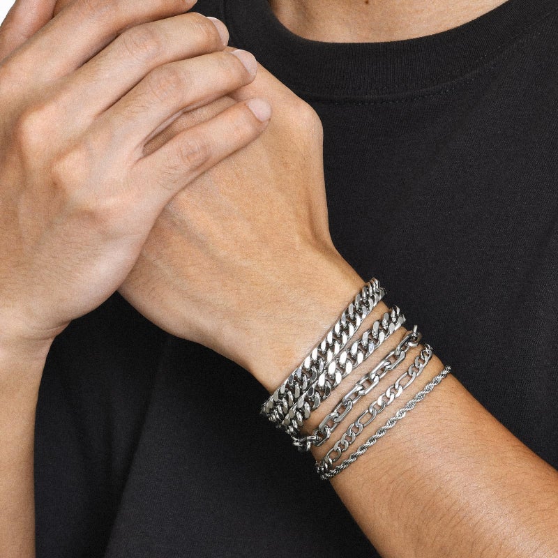 VNOX Silver Chain Bracelets for Men - 5 Pcs Solid Stainless Steel Rope/Figaro/Paperclip/Cuban Link Curb Chunky Chain Bracelet Set Wrist Band for Men Women,7.4 Inches - Image 2