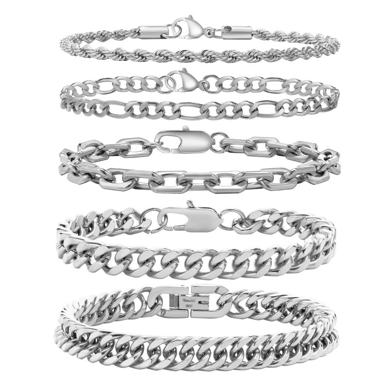 VNOX Silver Chain Bracelets for Men - 5 Pcs Solid Stainless Steel Rope/Figaro/Paperclip/Cuban Link Curb Chunky Chain Bracelet Set Wrist Band for Men Women,7.4 Inches - Image 1