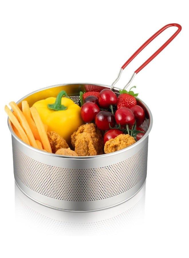 Deep Fryer Basket Round Stainless Steel Frying Basket with Long and Foldable Heat Resistant Silicone Handle for Frying French Fries Chickens Boiling Pasta Potatoes  - Image 1
