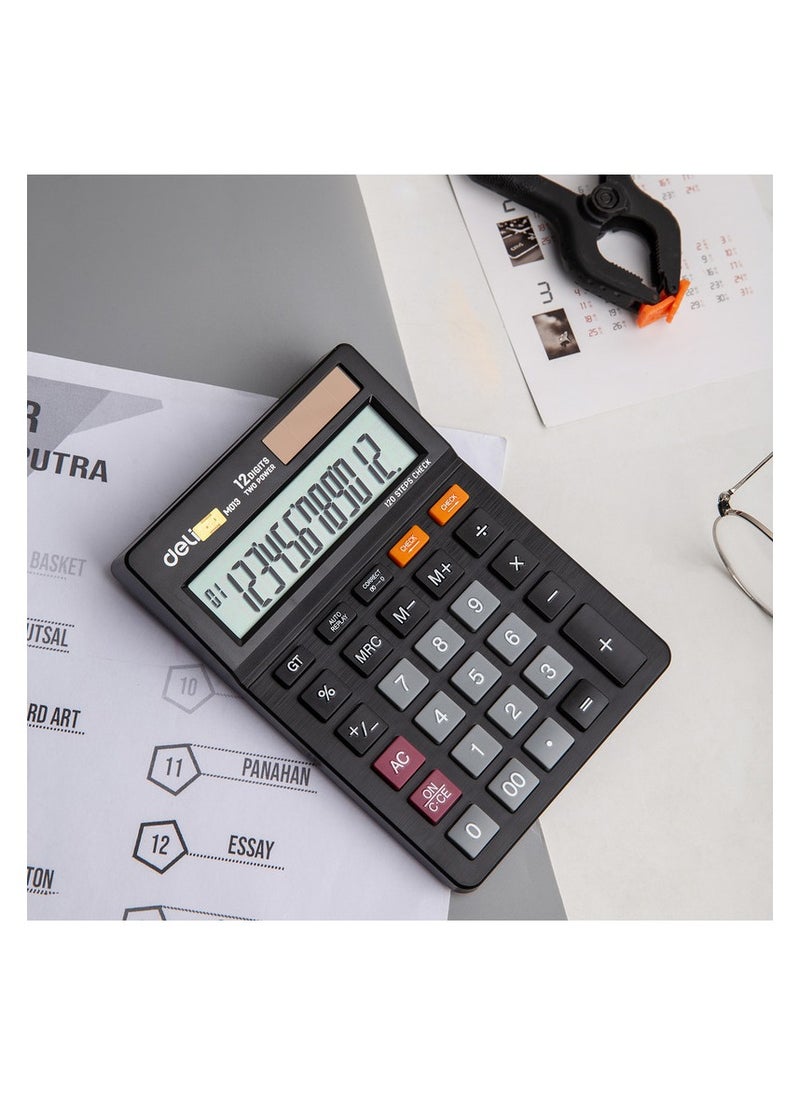 Deli Deli EM01320 Desktop Calculator | 12 Digits | Solar & LR54 Battery Powered | 120-Step Check | Black | Ideal for Office & School Use (1PCS/Color Box)  - Image 3