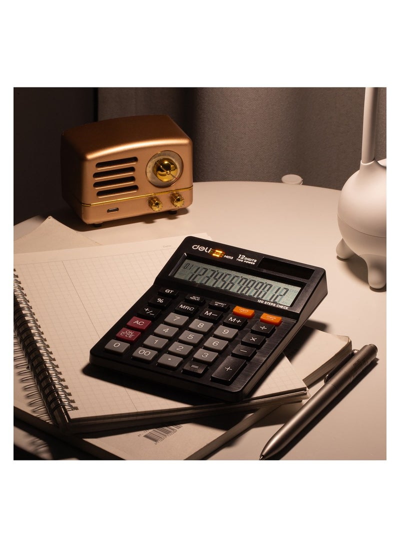 Deli Deli EM01320 Desktop Calculator | 12 Digits | Solar & LR54 Battery Powered | 120-Step Check | Black | Ideal for Office & School Use (1PCS/Color Box)  - Image 2