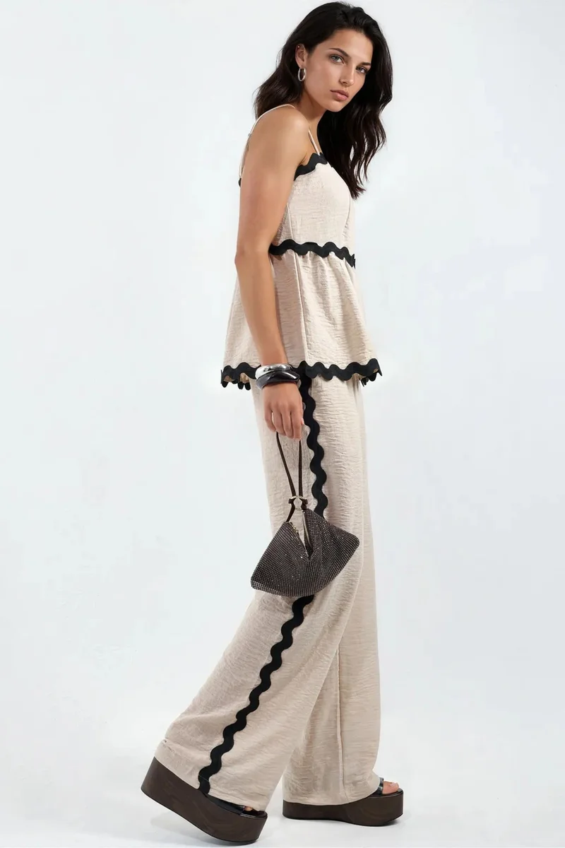 جينيفر Strapless Linen Blouse And Wide-leg Trouser Set