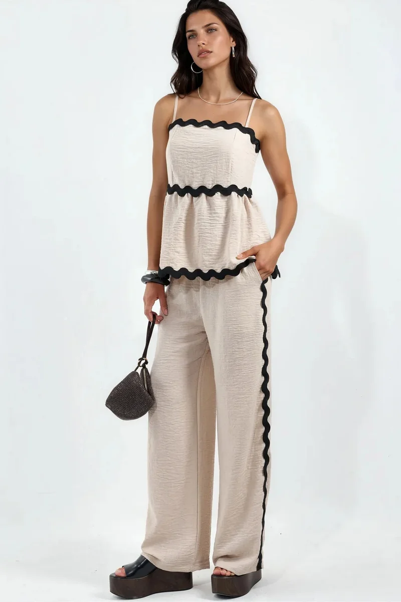 جينيفر Strapless Linen Blouse And Wide-leg Trouser Set