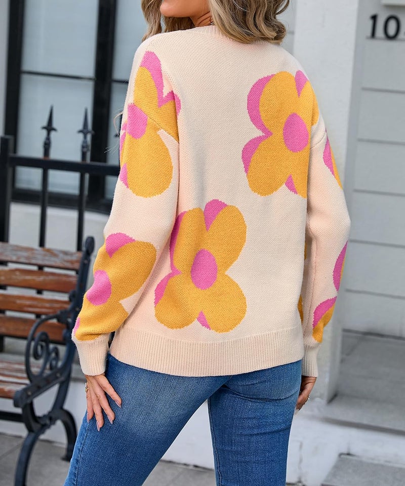 Sumleno Womens Cute Color Block Flower Pattern Sweaters Crewneck Pullover Tops Kawaii Aesthetic Fall Winter Knitwear (L,Beige) - Image 5