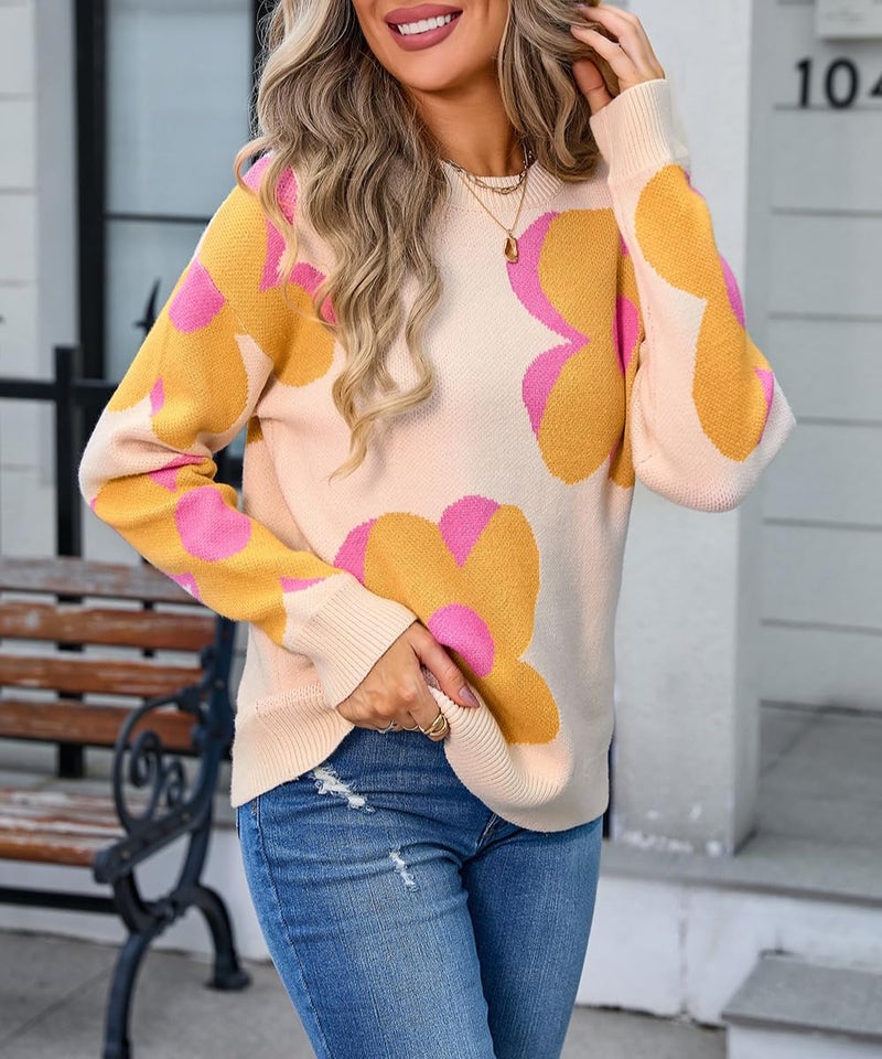 Sumleno Womens Cute Color Block Flower Pattern Sweaters Crewneck Pullover Tops Kawaii Aesthetic Fall Winter Knitwear (L,Beige) - Image 4