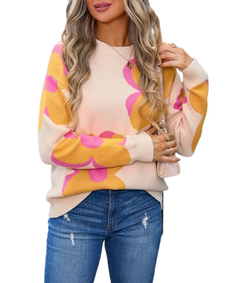 Sumleno Womens Cute Color Block Flower Pattern Sweaters Crewneck Pullover Tops Kawaii Aesthetic Fall Winter Knitwear (L,Beige) - Image 1