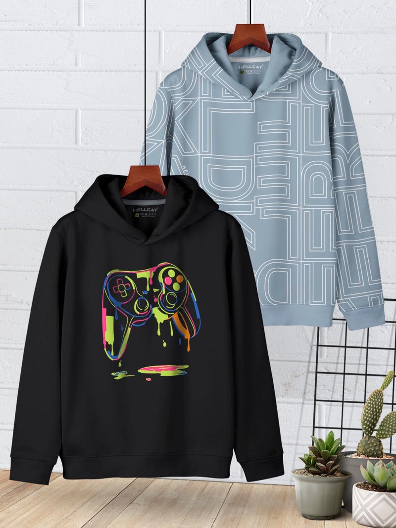 HELLCAT Trendy Printed Cotton Blend Hoodie Sweatshirt for Boys - Pack of 2_Black / Bluish Grey_3-4 Years - Image 2