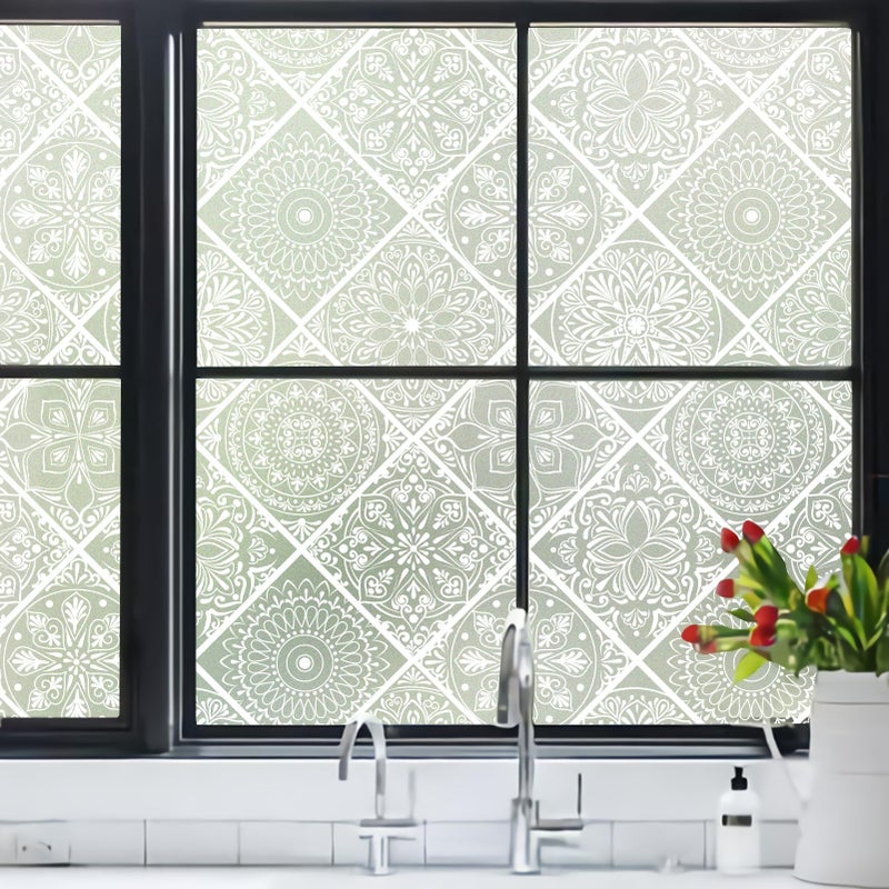 DKTIE Boho Style Stained Glass Window Film with Installation Tools, Waterproof Window Privacy Film for Bathroom Bedroom Kitchen (B110-white, 17.7" x 78.7") - Image 2