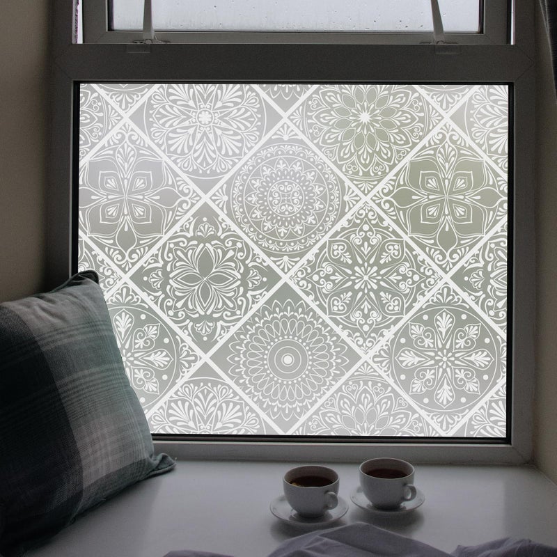 DKTIE Boho Style Stained Glass Window Film with Installation Tools, Waterproof Window Privacy Film for Bathroom Bedroom Kitchen (B110-white, 17.7" x 78.7") - Image 1