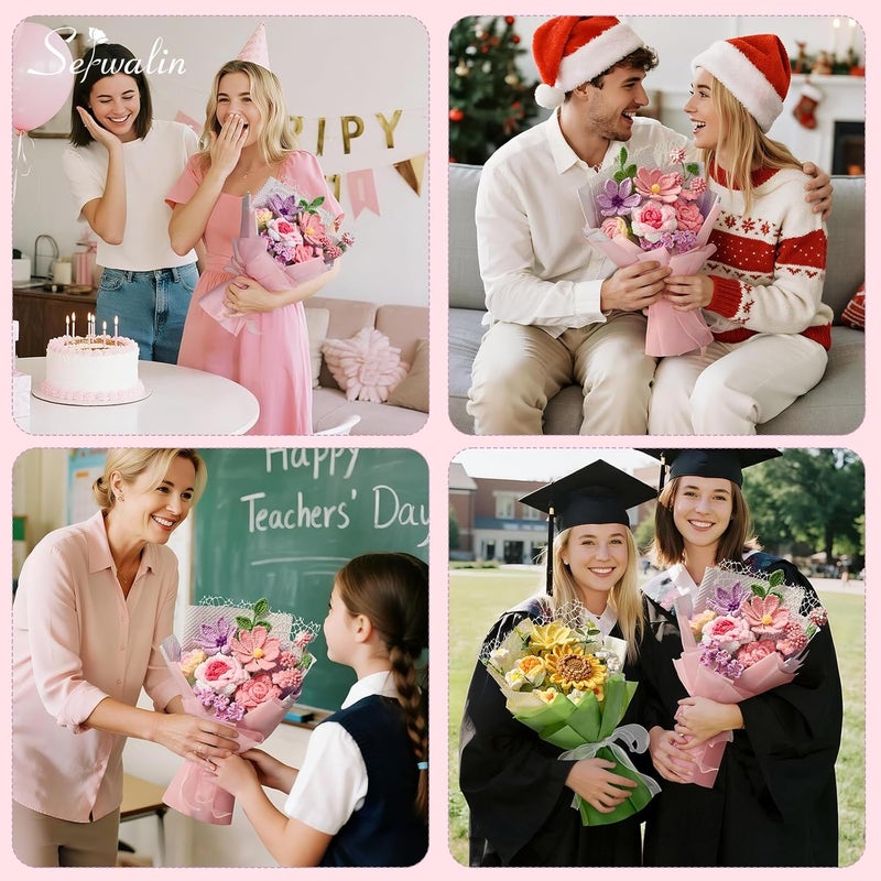 Serwalin Crocheted Flower Bouquet, Pink Handmade Crocheted Flowers, Perfect for Birthdays, Weddings, Anniversaries, Back-to-School or Graduation Ceremonies - Image 3
