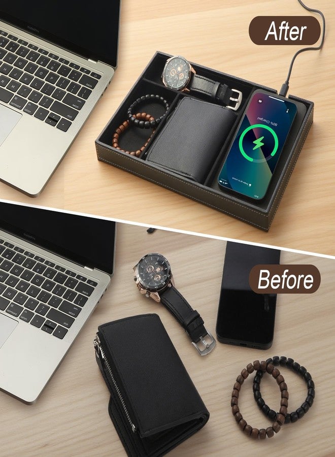 TopMade Valet Tray with Wireless Charging Pad Nightstand Organizer, Leather Desktop Storage Dresser Organizer Charging Station, Jewelry Box Catchall Bedside Vanity Tray for Men Women(Black) - Image 3