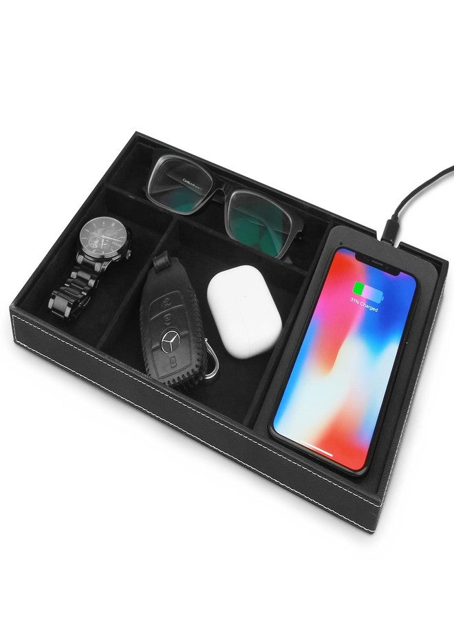 TopMade Valet Tray with Wireless Charging Pad Nightstand Organizer, Leather Desktop Storage Dresser Organizer Charging Station, Jewelry Box Catchall Bedside Vanity Tray for Men Women(Black) - Image 4